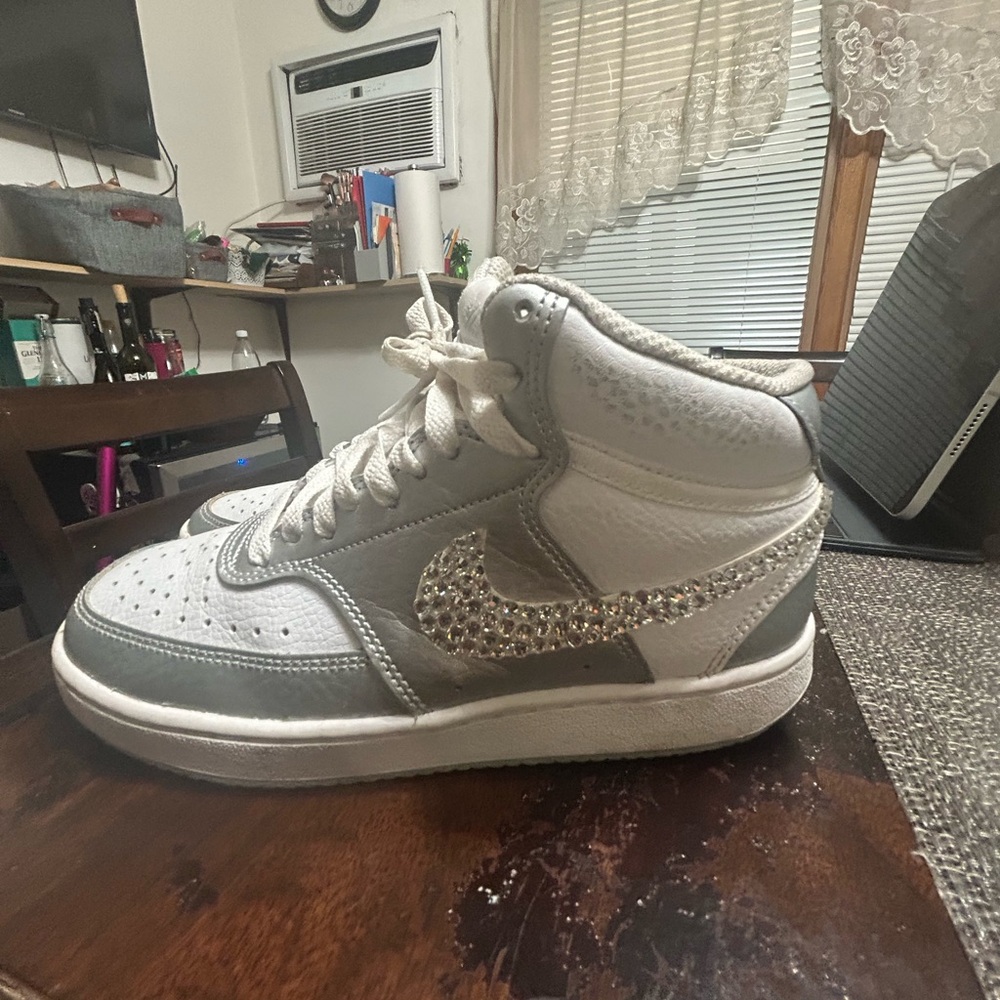 Women's Stylish White and Silver High-Top Sneakers custom made rhinestones